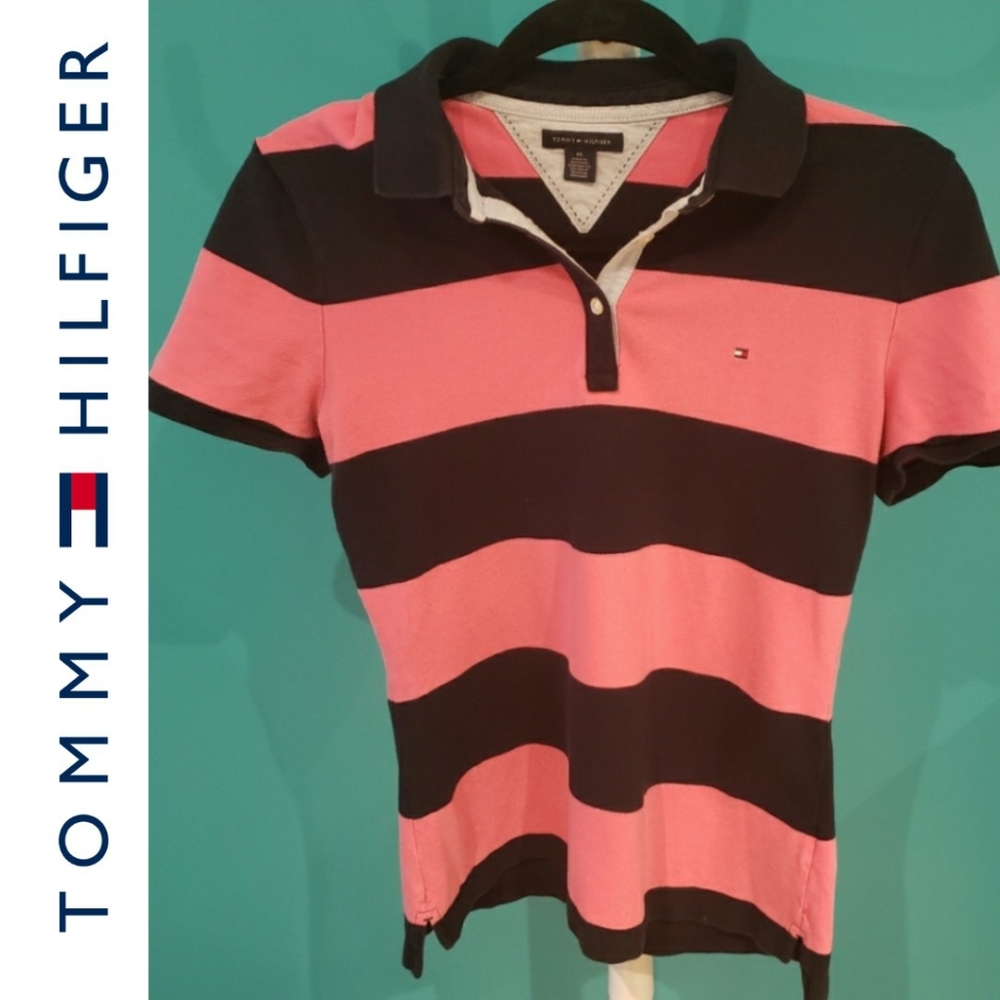 Tommy Hilfiger Navy Blue Pink Striped Short Sleeve Cotton Polo Shirt